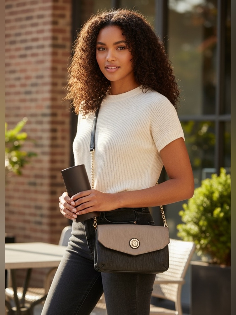 Anne Klein Black & Taupe Pebbled Leather Crossbody w/Gold Chain & Eyeglass Case